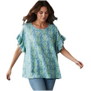 Crown & Ivy 3X Plus Blue Green Pineapple Print Flutter Sleeve Summer Tee Top